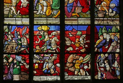 Raam met de Israëlieten die de Rode Zee oversteken en het leger van de farao verdrinkt door French School